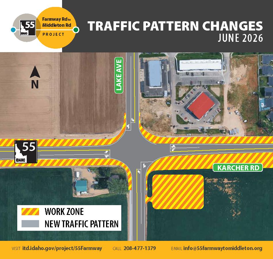New traffic pattern at SH-55/Middleton Rd intersection begins June 11. There will be one lane open in each direction and a dedicated left turn lane at the intersection. 