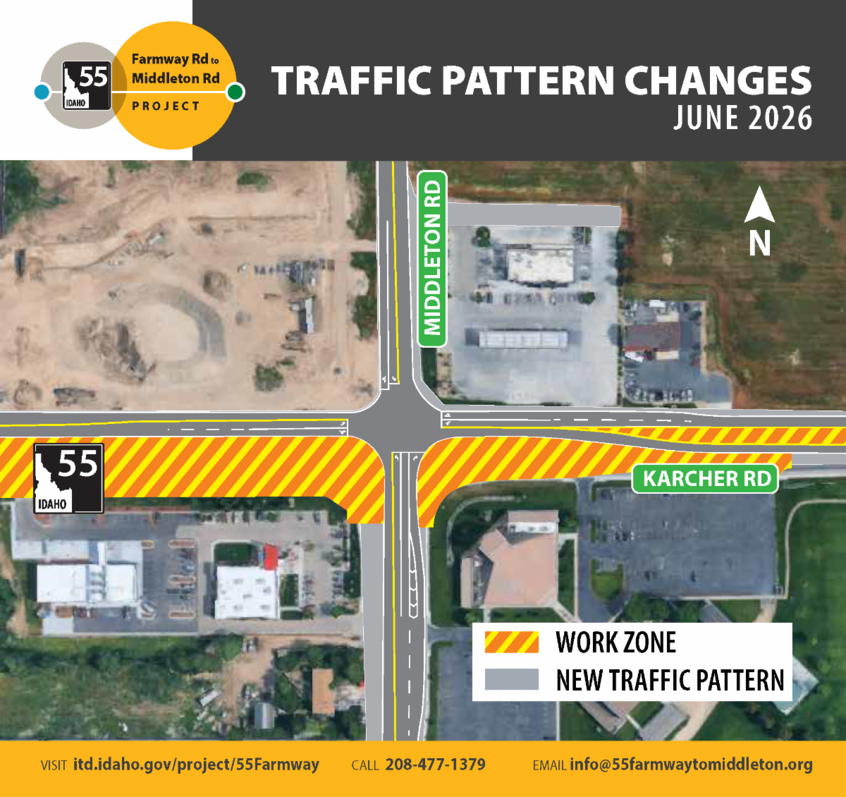 New traffic pattern at SH-55/Lake Ave intersection begins June 18. There will be one lane open in each direction and a dedicated left lane at the intersection. 