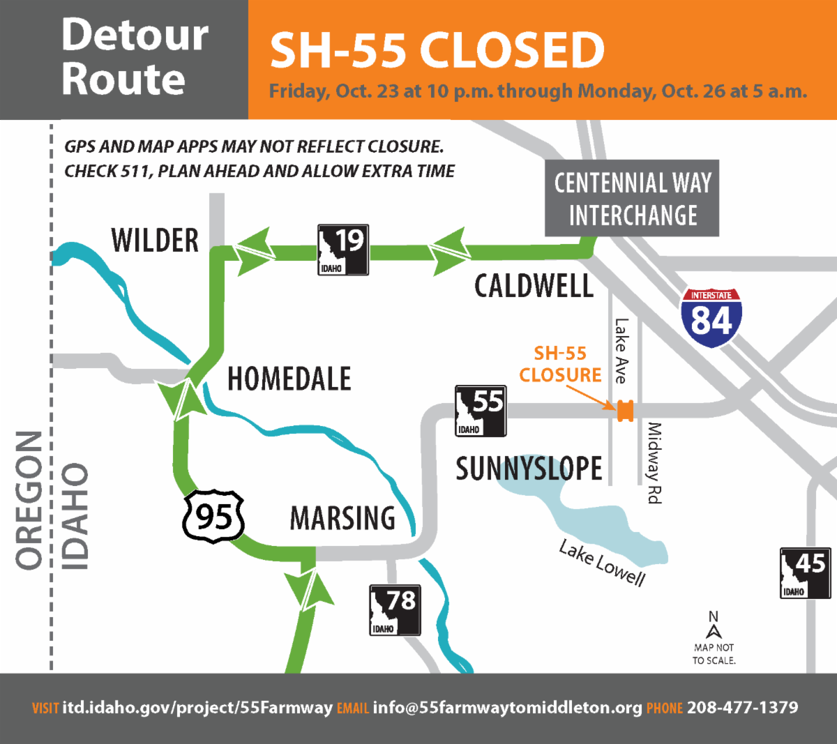 Map of the closure on SH-55 between Lake Ave and Midway Rd from Oct. 23 at 10 p.m. through Oct. 26 at 5 a.m. Detour using SH-19 and US-95.