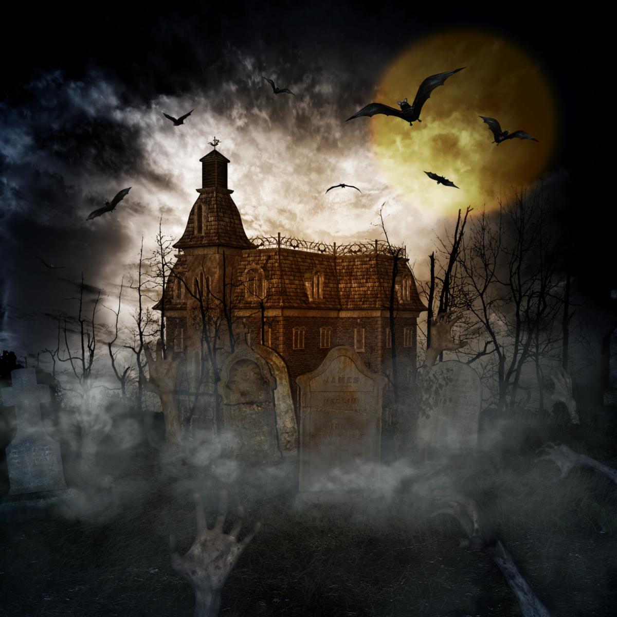 3D illustration of a halloween concept background of castle and graveyardHorror background