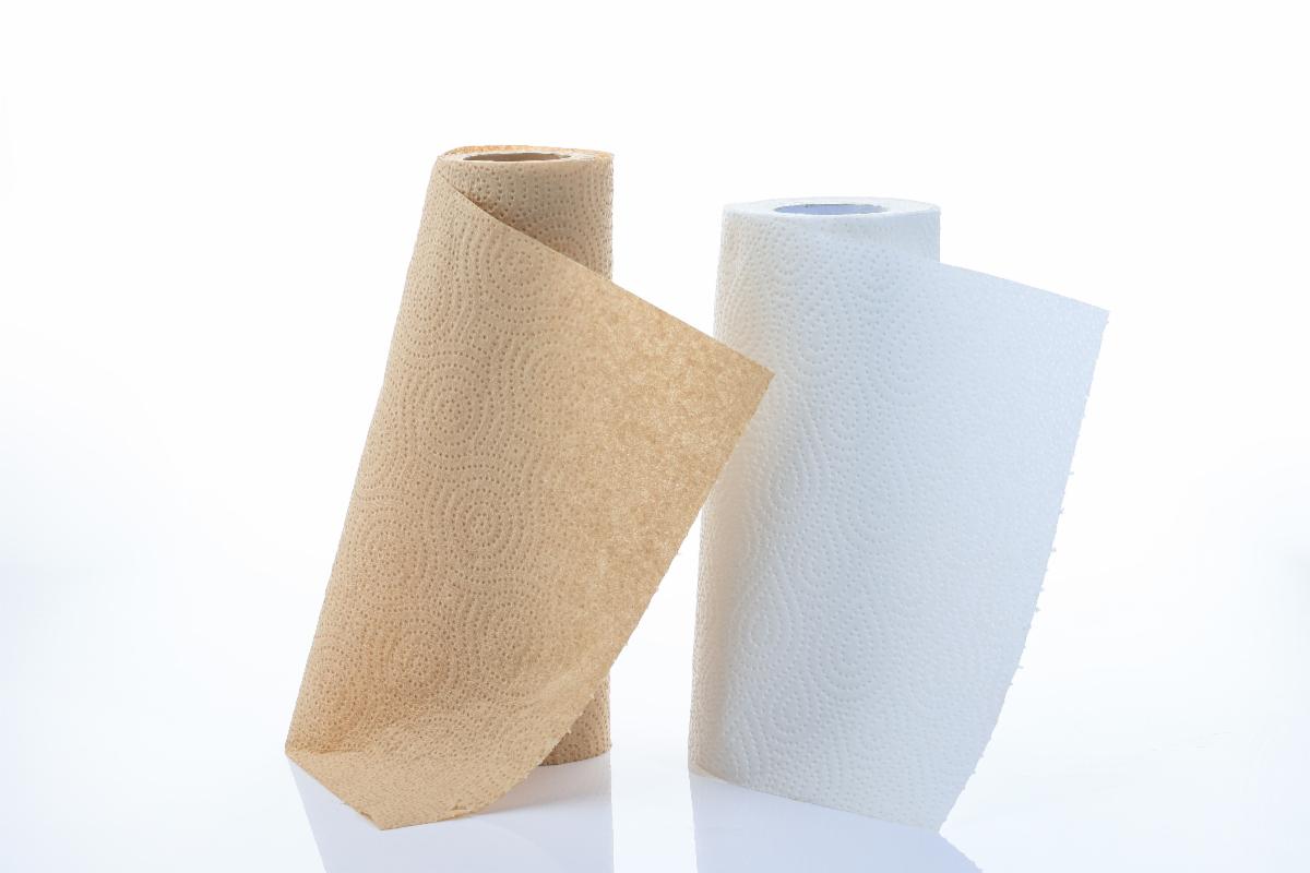 Two rolls of paper towels stand next to each other. One is unbleached and the other is white.