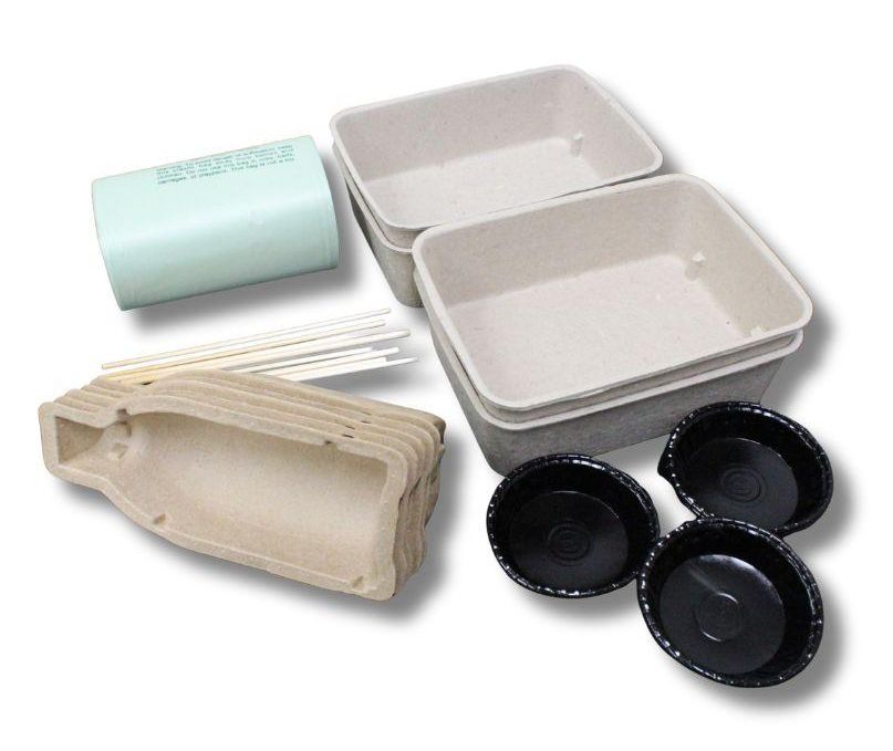 A variety of containers are displayed and include takeout containers, fiber packaging container and plastic bags.