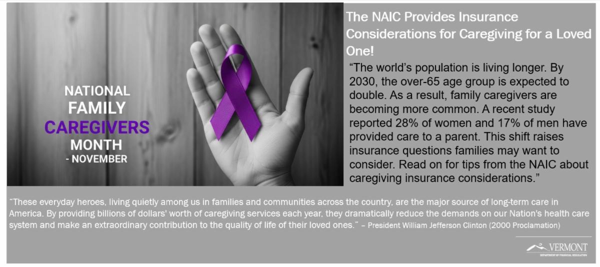 Hand palm facing viewer with a purple ribbon in it and national family caregivers month in block letters