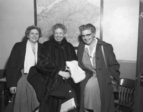 Eleanor Roosevelt (center) and two women at the Andes (NY) Forum, March 1954