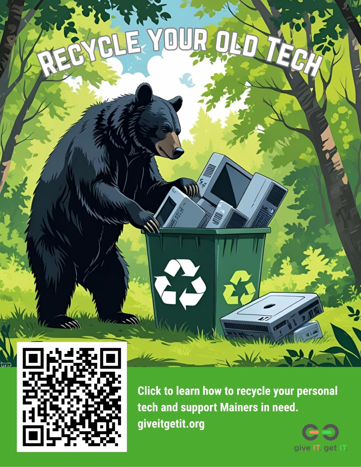 Poster depicting a black bear throwing computers into a recycle bin