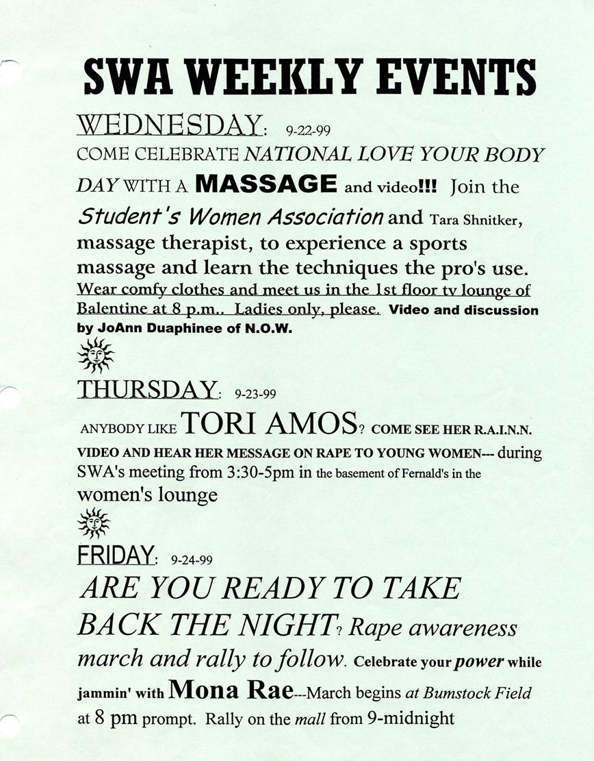 Photo of archival poster listing SWA weekly events, including a day of massage, a Tori Amos video and a rape awareness march