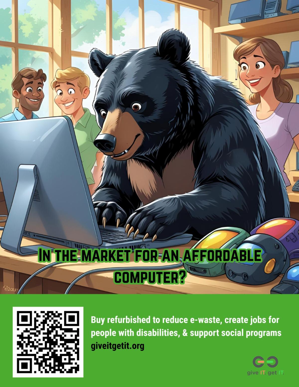 Poster depicting a black bear working on a desktop computer