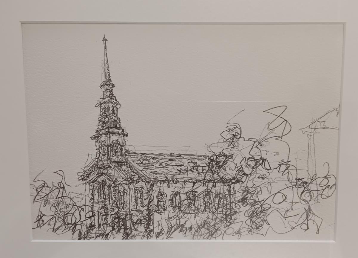 Drawing of a Bangor church by John William Bailly