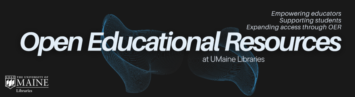 dark background with blue abstract wave lines surrounding large white text reading open educational resources at umaine libraries with umaine libraries logo in bottom left