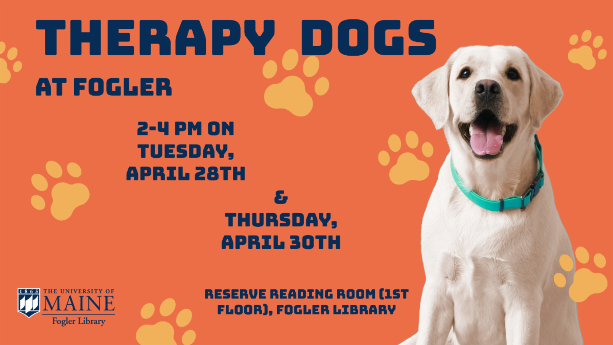 Decorative image advertising the therapy dog visit to Fogler library. It depicts a yellow lab against an orange background with pawmarks on it.
