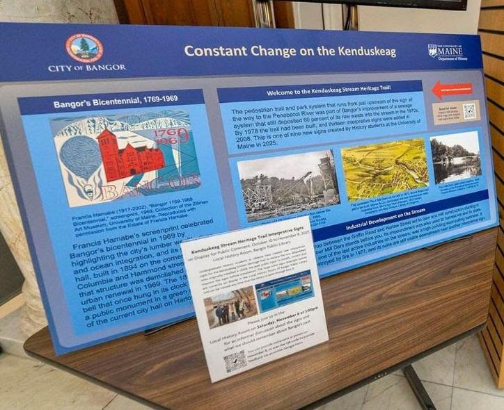 Photo of one of the Kenduskeag trail signs made by history students