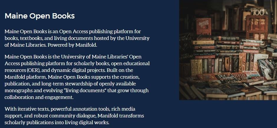 Informational graphic summarizing Maine Open Books and featuring an image of several books