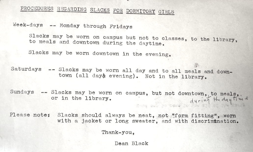 A list of rules regarding the wearing of slacks by women attending UMM/WSNS