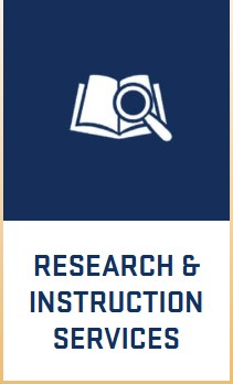 Decorative element shows magnifying glass and book and containing words Research and Instruction Services