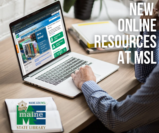 Graphic showing person looking at online resources at Maine State Library on a laptop