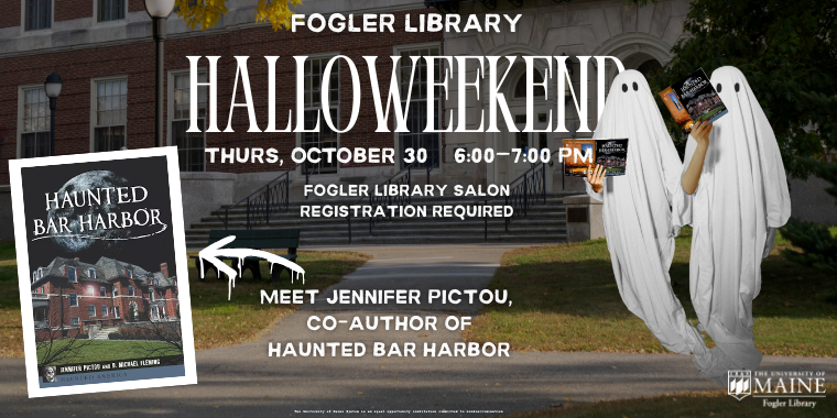 Flyer featuring two ghosts reading books. Advertises Halloweekend author talk.