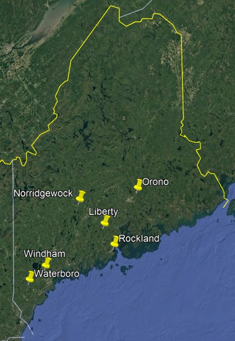 Map of Maine showing the towns John Hutchinson has visited to give presentations.