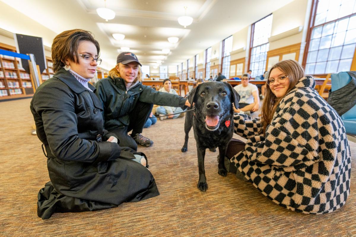 Photo of three students petting a black lab in Foglers reserve reading room