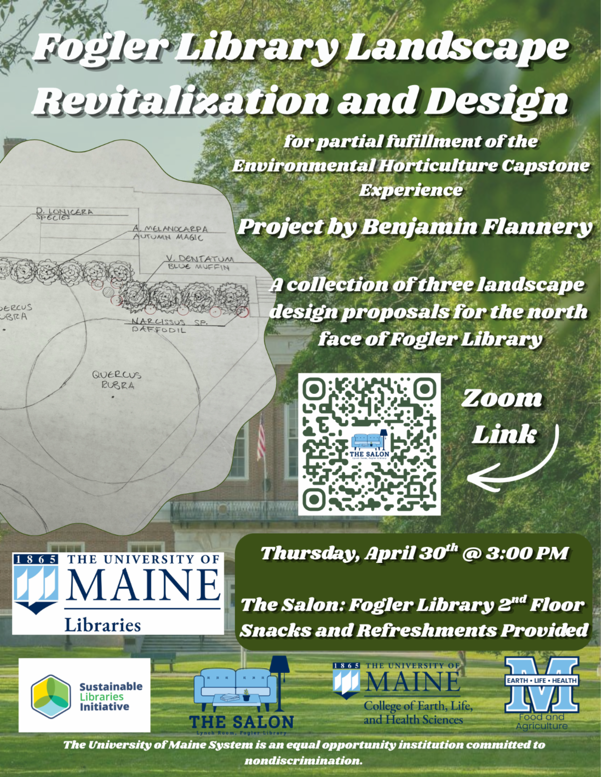 A decorative flyer advertising Fogler Library's landscape design presentation. It features green lawn and leaves, a drawn plan, and several logos.