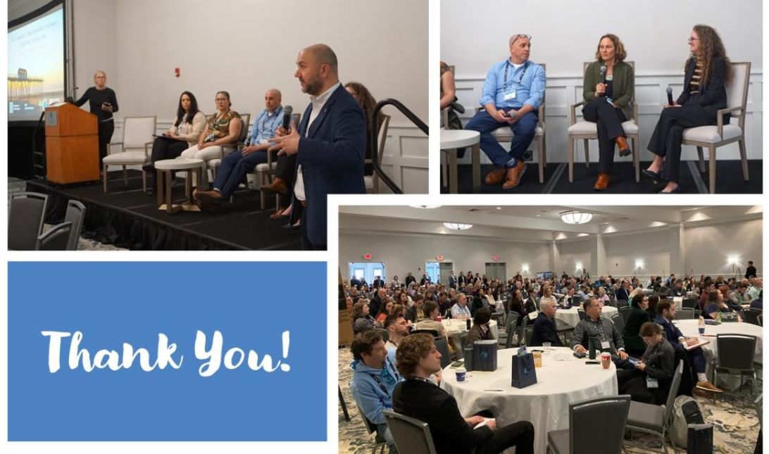 A collage of three images of conference speaking sessions with text reading "Thank You"