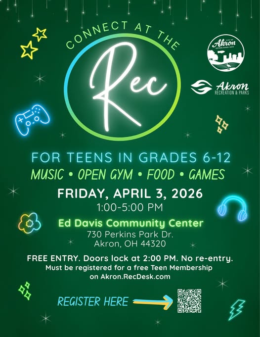 invitation flyer for Connect at the Rec for teens in grades 6 to 12 Friday, April 3 from 1 to 5 pm at Ed Davis Community Center