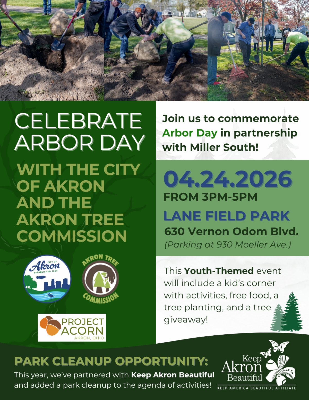 flyer for April 24, 2026 Arbor Day event at Lane Field from 3:00 to 5:00 pm.
