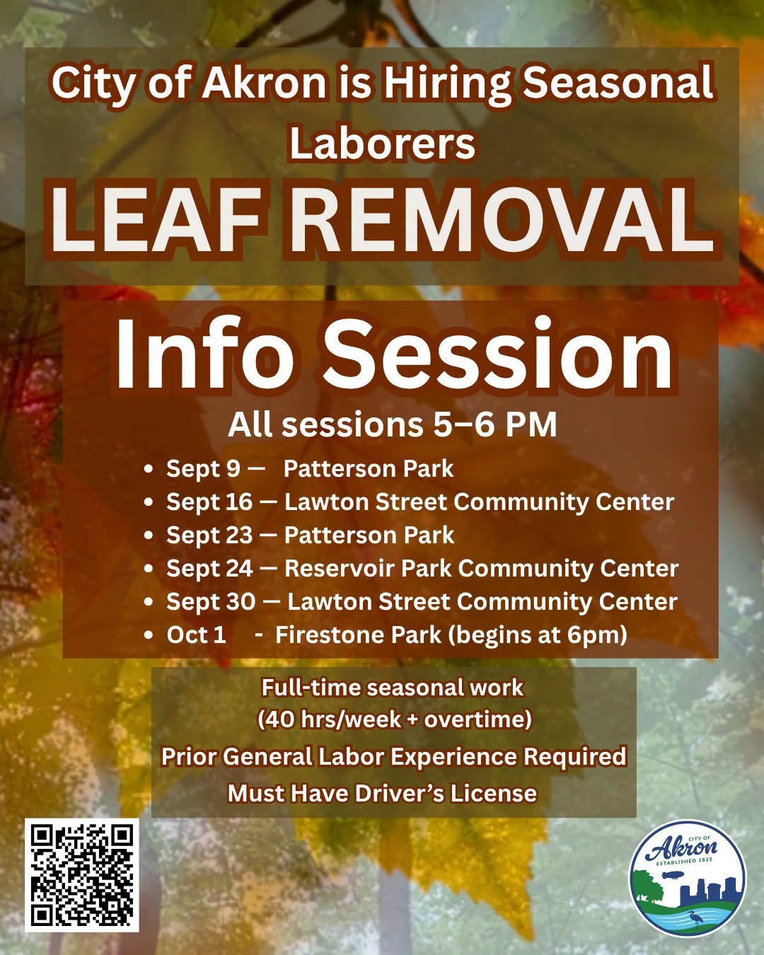 Flyer on Info sessions for Leaf Removal Seasonal Laborers