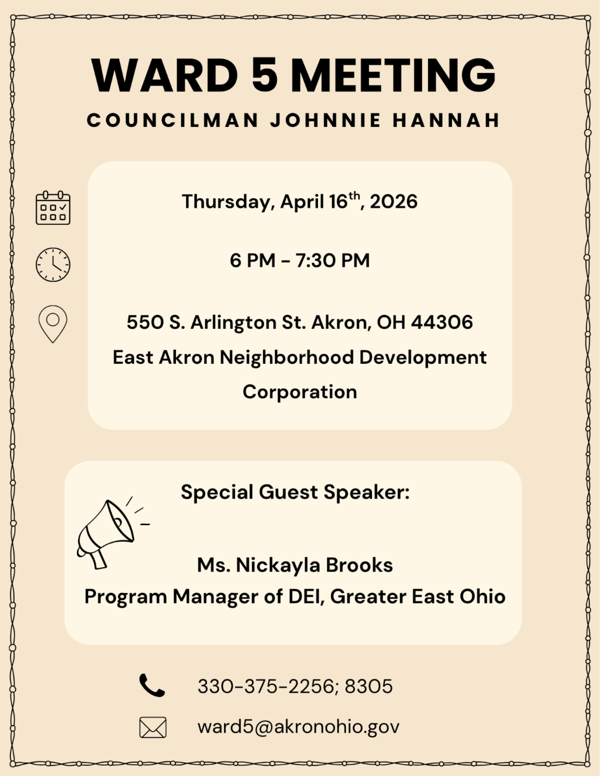 Ward 5 Meeting Flyer- April 16th from 6 to 7:30 pm at East Akron Neighborhood Development Corporation