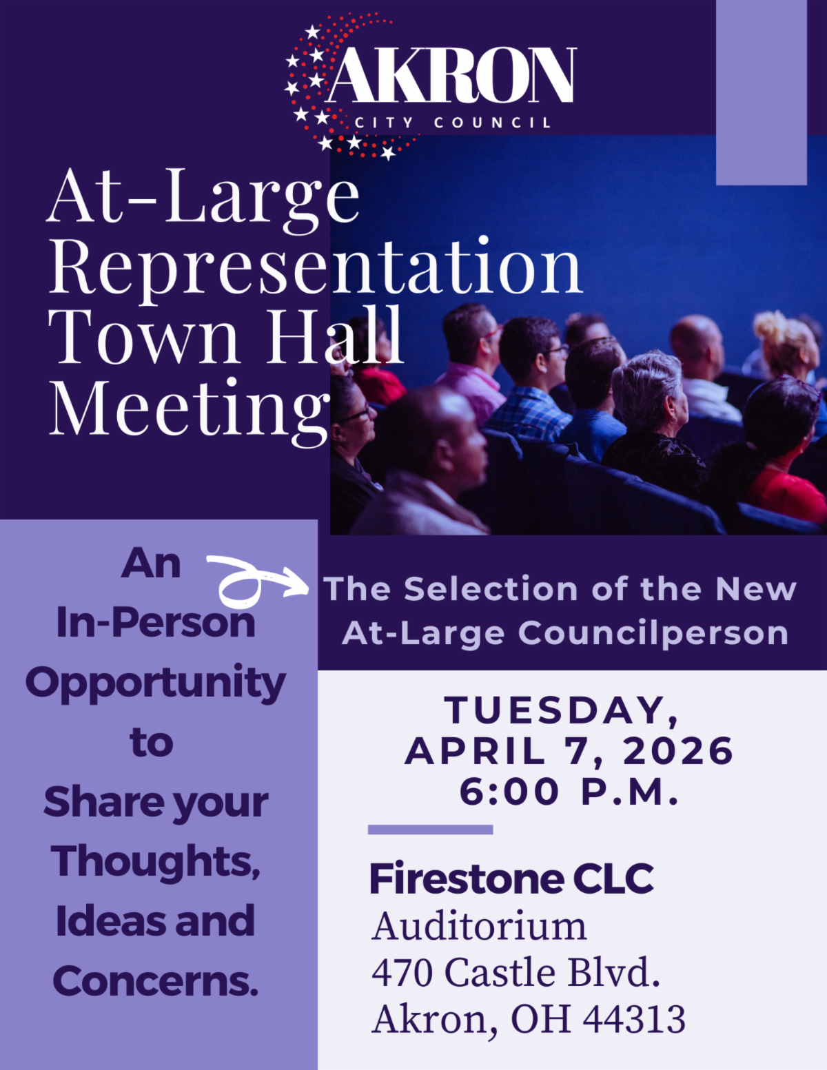 Flyer for April 7th At-Large Representation Town Hall Meeting at 6:00 p.m. at Firestone CLC