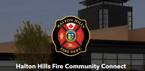 Halton Hills Fire Community Connect Program with fire department in background and FD crest