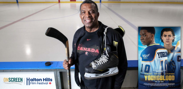 Karl Subban stands at the edge of an indoor ice rink, smiling and holding a hockey stick and a pair of skates. He wears a black Team Canada shirt, and the ice surface and rink boards are visible behind him. In the corner, a Youngblood movie poster features two hockey players in uniform. The OnScreen Halton Hills Film Festival logo appears along the bottom.