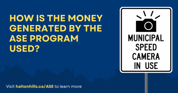 how is the money generated by the ASE program used on a navy blue background and a sign of a municipal speed camera in use to the right