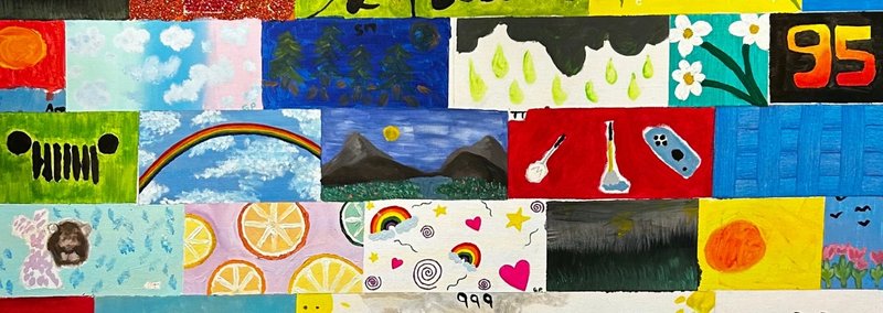 A colorful mural composed of many small painted rectangles arranged in rows. Each rectangle features a unique design, including rainbows, clouds, mountains, lemon slices, musical notes, hearts, stars, a treasure chest, abstract patterns, and nature scenes. The artwork showcases a variety of bright colors and imaginative motifs created by different young artists.