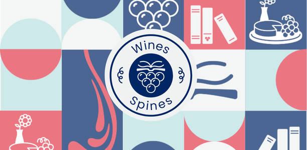 Graphic for Wines & Spines featuring a blue, pink, and teal geometric design with books, grapes, cheese, wine illustrations, and a central circular logo.