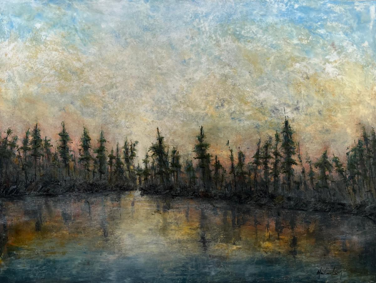A landscape painting depicts a line of slender evergreen trees silhouetted along the edge of calm water, with their reflections mirrored below, beneath a softly textured sky blending pale blues, creams, and warm hints of gold.