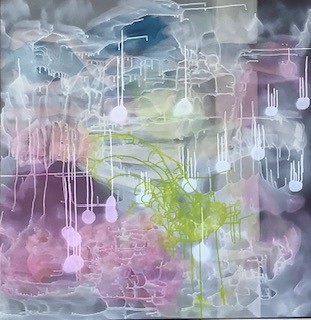 Abstract painting with swirling layers of gray pink purple and blue tones accented by white vertical lines and circles and bright green organic shapes in the center