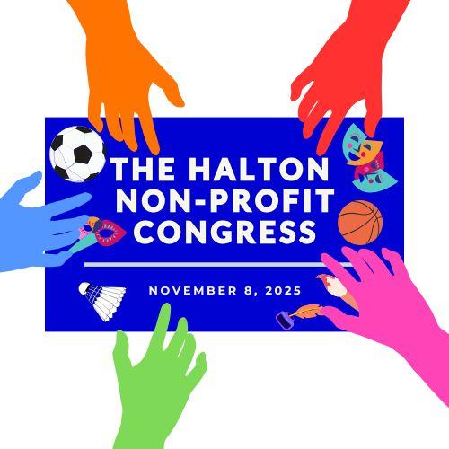 The Halton Non Profit Congress text on a blue background with illustrations of a football basketball face mask and five multicolored hands