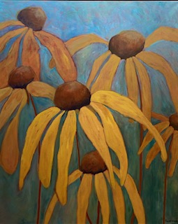 A close-up painting of yellow coneflowers with drooping petals and rounded brown centers, set against a soft blue background with loosely painted green stems, rendered in a painterly, textured style.