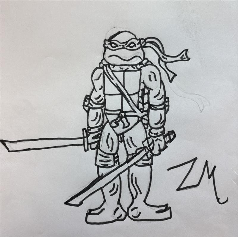 A pencil drawing outlined in black marker of a turtle with a sword in its hand and armour on. 