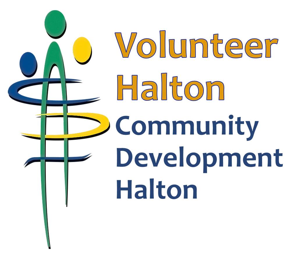 Three abstract figures intertwined in blue green and yellow, with the words Volunteer Halton in yellow bold letters and blue slightly smaller text below reading Community Development Halton. An image of the Volunteer Halton Community Development Halton logo