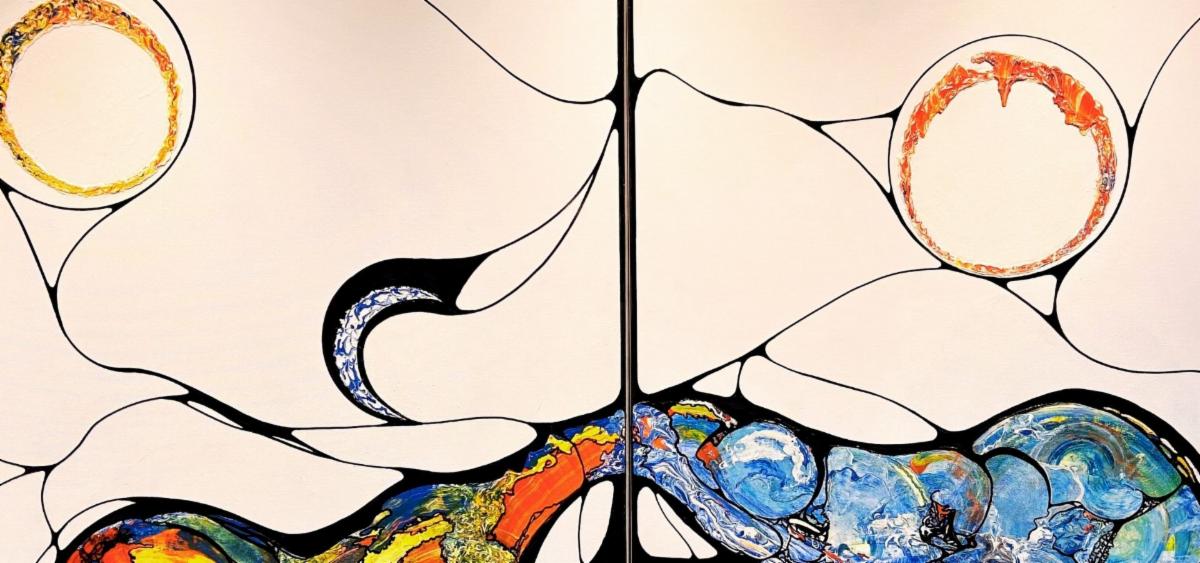 Abstract painting on a light cream background featuring black, branching lines that connect several circular and curved shapes. The shapes contain textured bands of color—orange, yellow, blue, green, and white—resembling flowing paint or marbling. A vertical seam divides the composition in two, with circular forms near the top and wave-like, multicolored forms near the bottom.