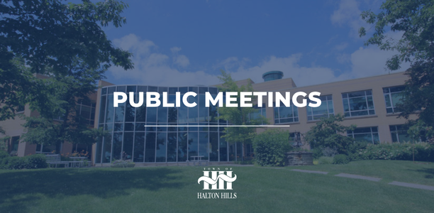 Town Hall in the background with "public meetings" written in white text