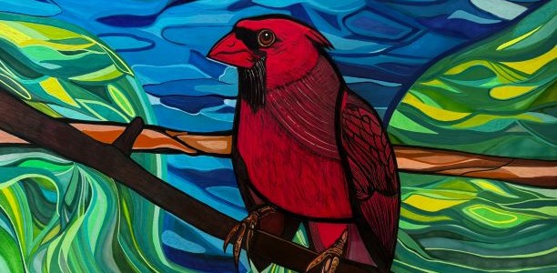 A red bird rests on a stem with a soft blend of blue and green in the background