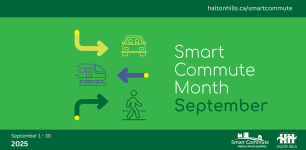 Smart Commute Month on a green background with three arrows pointing in different directions and illustrations of a pedestrian a train carpooling the town logo and smart commute logo September 1 to 30 2025