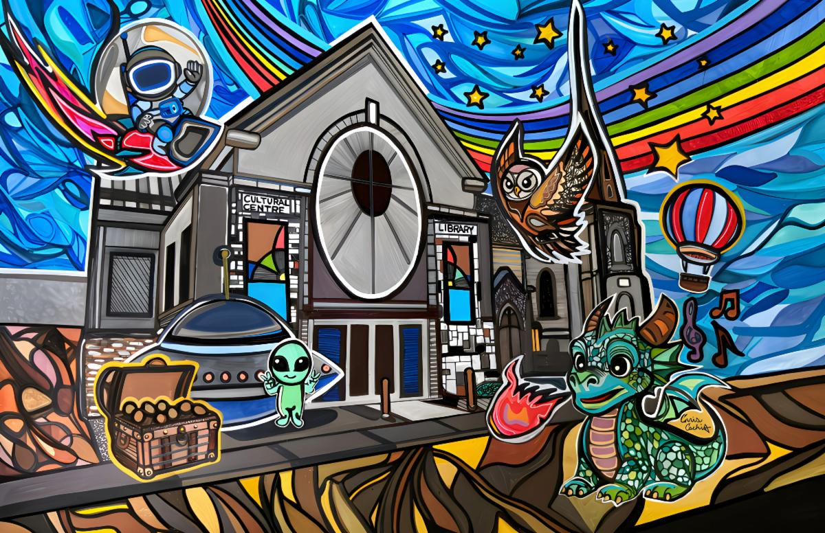 A vibrant, illustrative-style mural featuring a building labeled “Cultural Centre” and “Library” at the center. Surrounding it are imaginative characters and elements, including an astronaut, a small green alien waving near a UFO, a dragon holding a flame, an owl in flight, a treasure chest filled with gold coins, and a hot air balloon. Colorful swirling patterns, stars, and rainbow-like bands fill the sky, creating a whimsical, fantasy-inspired scene.
