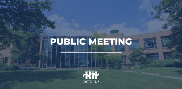 Town Hall in the background with public meeting written in white text