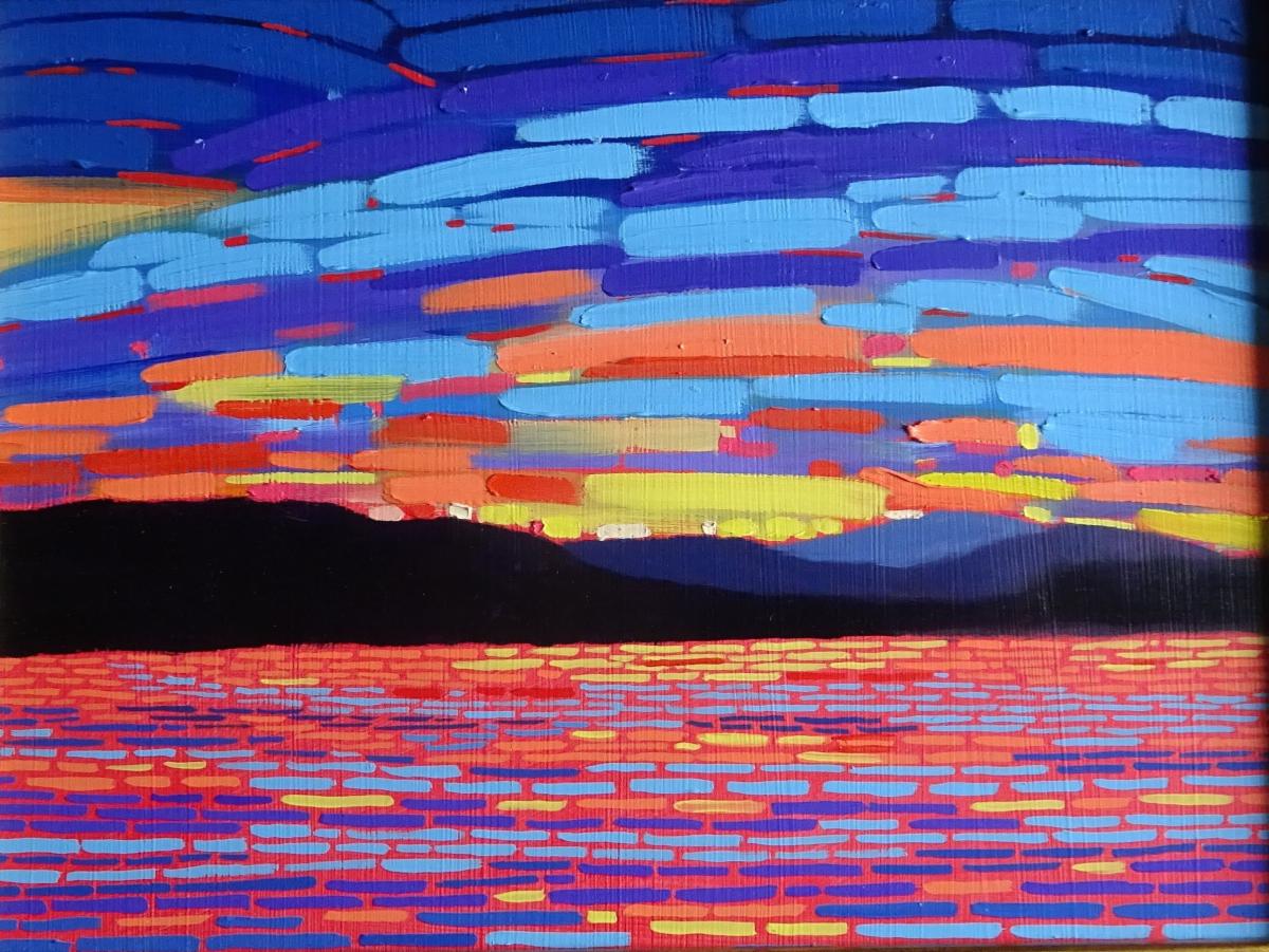 Colorful abstract landscape of a sunset over water. The sky is filled with horizontal brush strokes in shades of blue purple orange and yellow. The water reflects similar colors with bright reds oranges and blues. A dark silhouette of distant hills separates the sky from the water. The painting uses bold segmented strokes creating a vibrant mosaic effect.