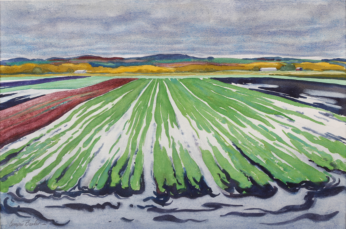 Painting of agricultural fields with long green rows stretching into the distance. White patches of snow or soil appear between the rows. A diagonal strip of reddish brown earth runs along the left side. In the background there are yellow and orange trees and low hills under a gray cloudy sky. The perspective emphasizes the lines of the fields converging toward the horizon.