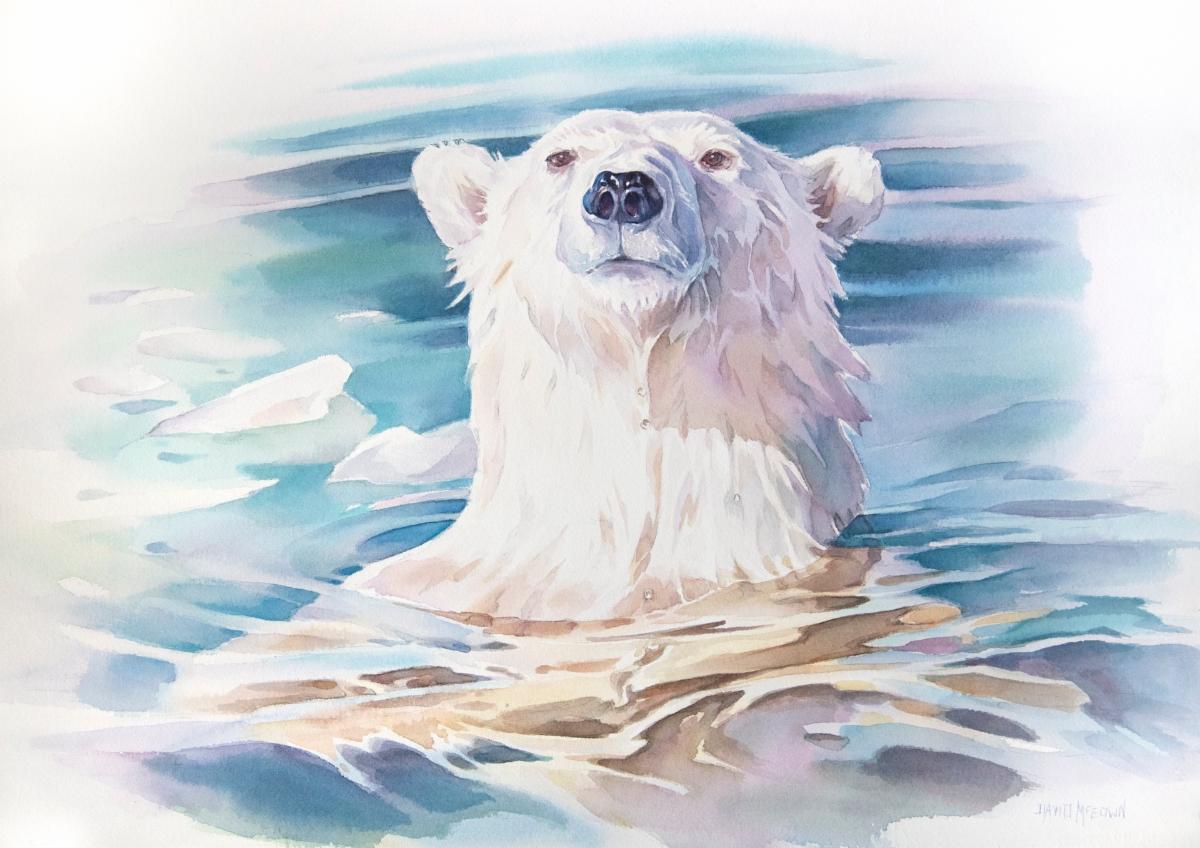 A watercolor painting of a polar bear emerging from calm, icy water, with its head and upper body visible above the surface. Soft blue and white tones create a serene, reflective atmosphere.