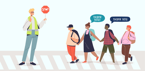 Illustration of a pedestrian crossing scene. On the left, a crossing guard wearing a high-visibility vest holds a stop sign to halt traffic. On the right, four pedestrians walk across a marked crosswalk in a line, holding hands. Two of the pedestrians have speech bubbles saying “Thank you!”